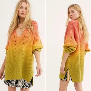 Free People Come Together Pointelle Deep V Neck Ombre Chunky Tunic Sweater